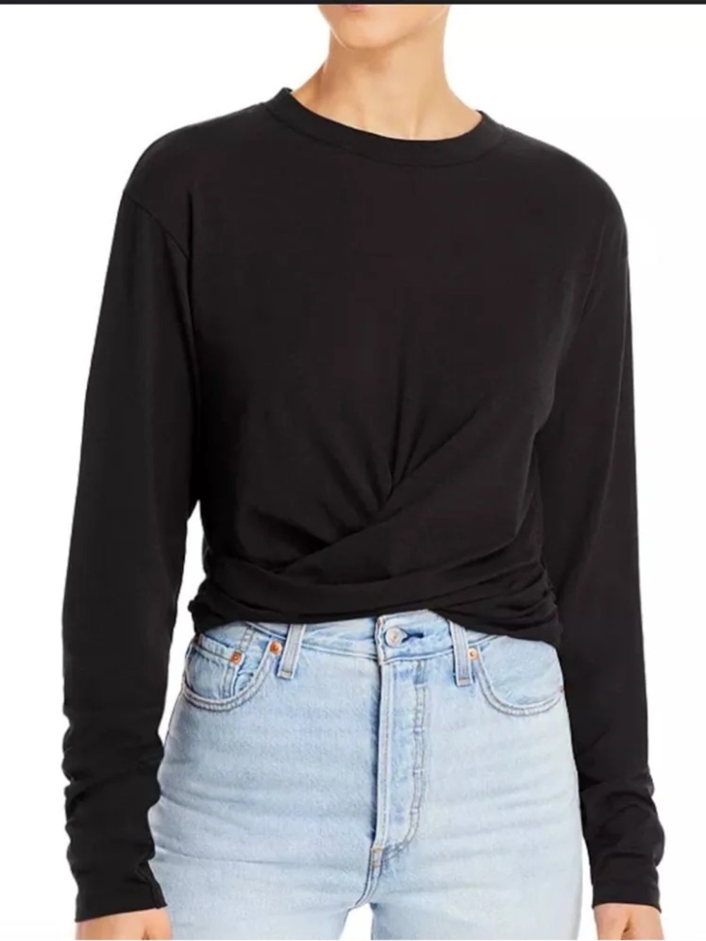 FRAME Denim Black Long-Sleeve Twist-Front Wrap Around Tee 100% Cotton